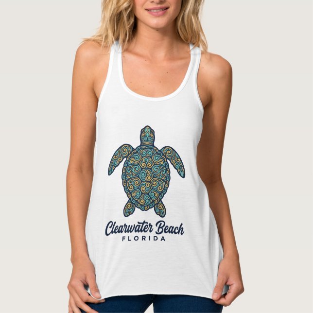 Clearwater Beach Florida Havssköldpadda Vektor Des Linne Med Racerback (Framsida)