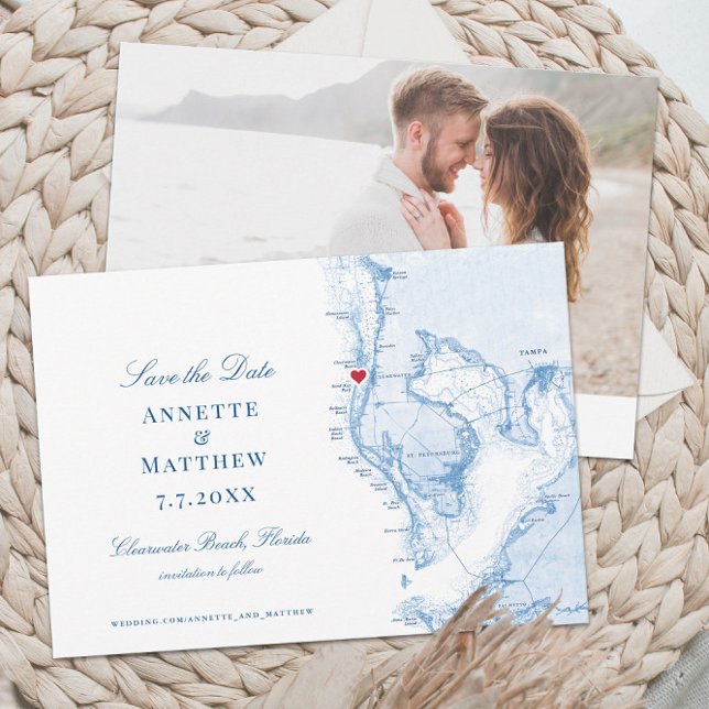 Clearwater Beach Florida Karta Elegant bröllop Spara Datumet (These Clearwater Beach Florida save the dates feature an elegant map of Tampa bay and your photo)