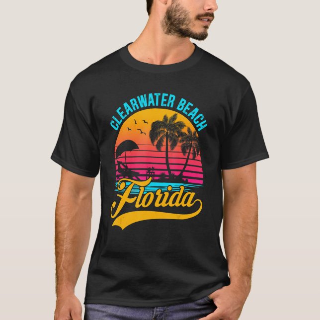 Clearwater Beach Florida Palm Tree Island Retro Su T Shirt (Framsida)