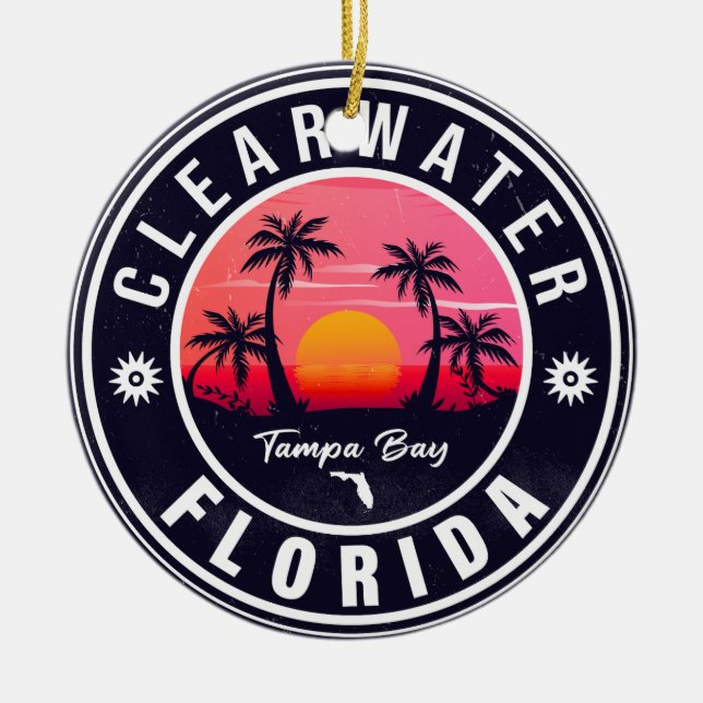 Clearwater Beach Florida Retro Sunset Souvenirs Julgransprydnad Keramik (Framsidan)