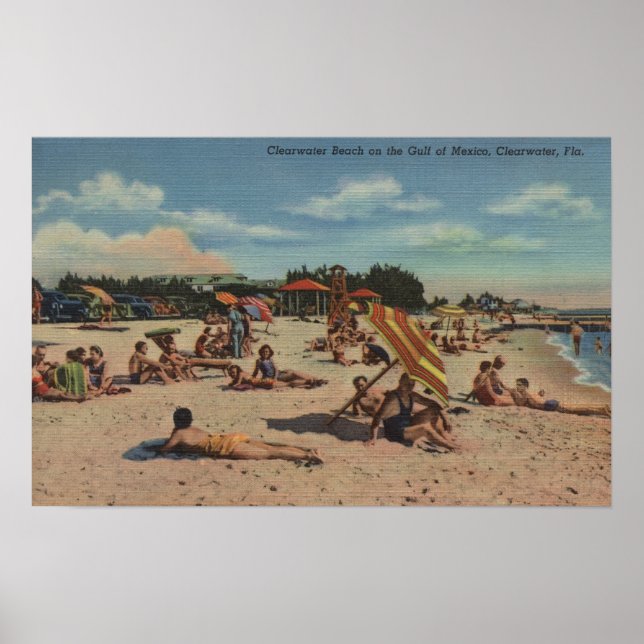 Clearwater, FL - Sunbathers on Clearwater Beach Poster (Framsidan)