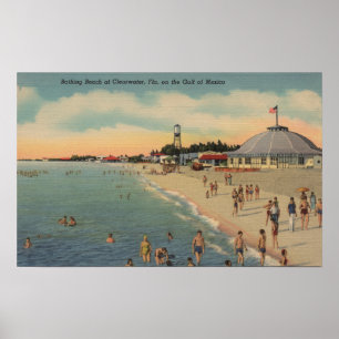 Clearwater, FL - Swimmers & Sunbathers på Beach Poster