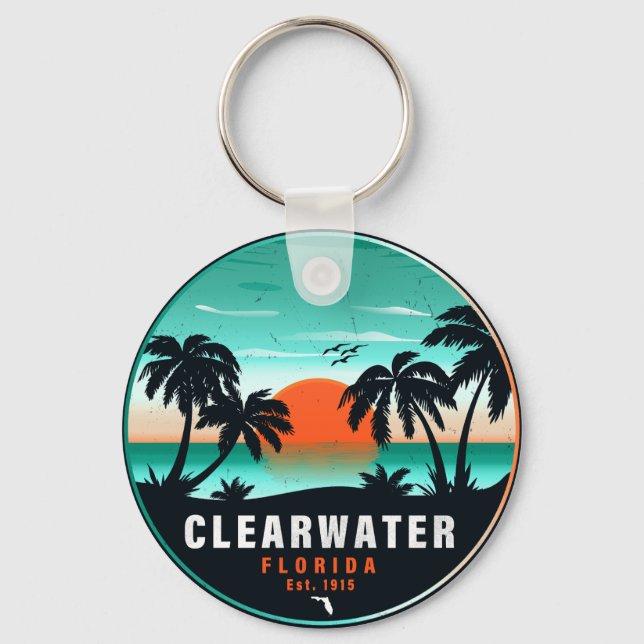 Clearwater Florida Beach Retro Sunset Souvenirs Nyckelring (Framsida)