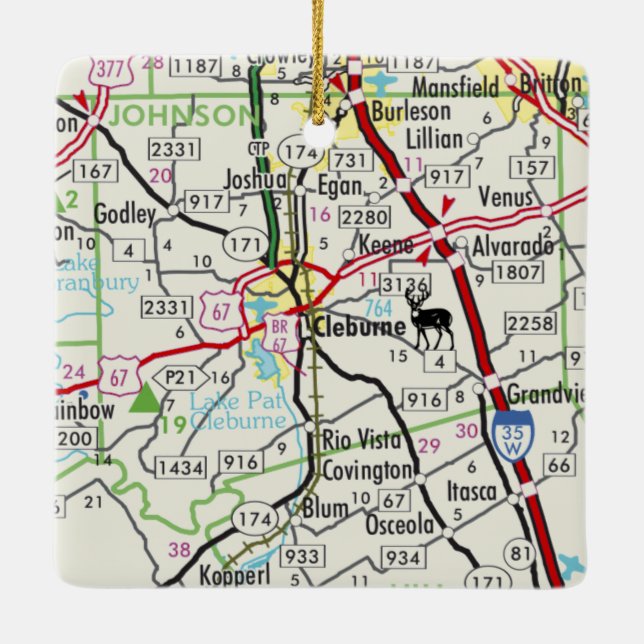 Cleburne TX Road Karta Julgransprydnad Keramik (Baksida)
