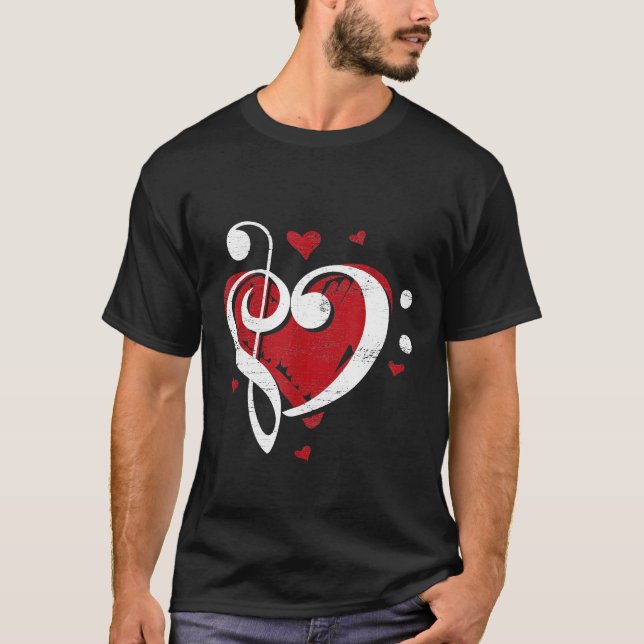 Clef Bass Heart Kärlek Musical Instrument Musician T Shirt (Framsida)