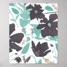 Clematis Blommigt Teal Brown Mönster Art Print Poster
