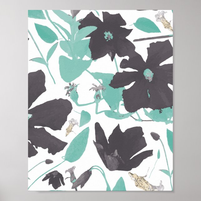 Clematis Blommigt Teal Brown Mönster Art Print Poster (Framsidan)