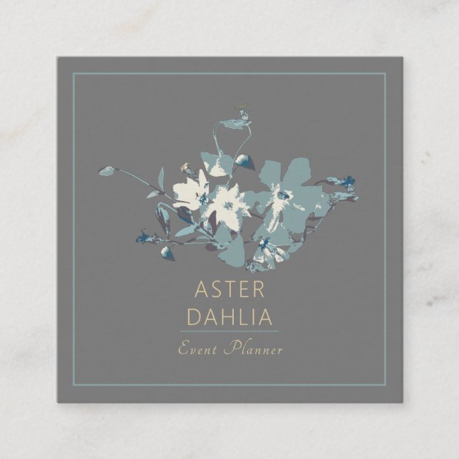 Clematis-Gult-Grått-färgade vattenfärgsblommor Fyrkantigt Visitkort (Framsida)