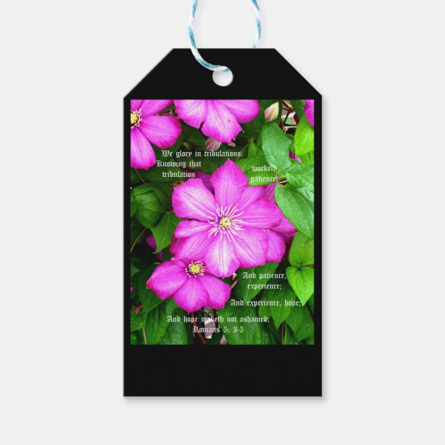 Clematis med romerna 5:3-5 presentetikett (Framsidan)