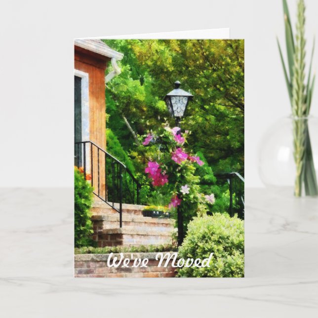 Clematis på lampa Post - Vi har flyttat Card Meddelande (Framsida)