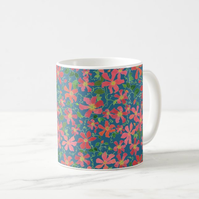Clematis Rosa, Red, Orange Blommigt på Deep Blue Kaffemugg (Framsida höger)