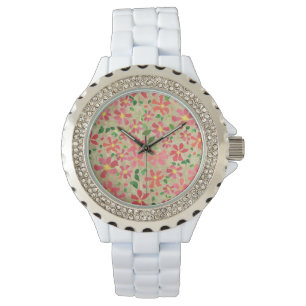Clematis Rosa, Red, Orange Blommönster på Taupe Armbandsur