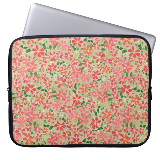 Clematis Rosa, Red, Orange Blommönster på Taupe Laptop Sleeve (Framsidan)