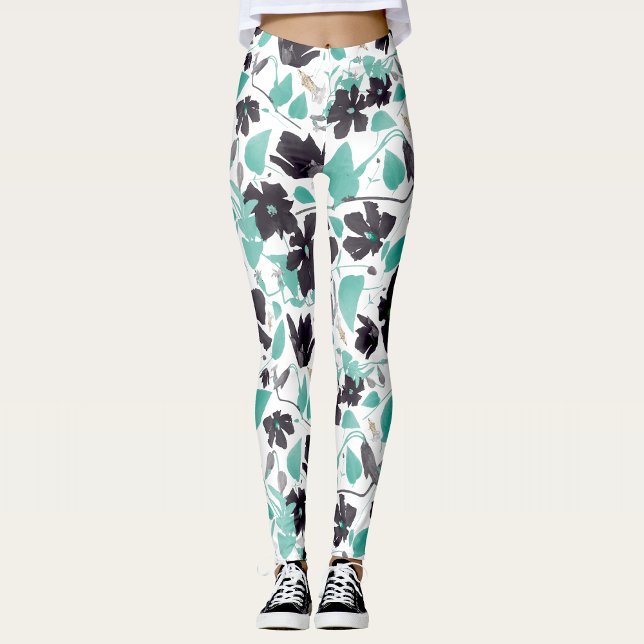 Clematis Vine Blommigt Grått Teal Watercolor Leggings (Clematis Vine Floral Gray Teal Watercolor Leggings from Studio Posies. )
