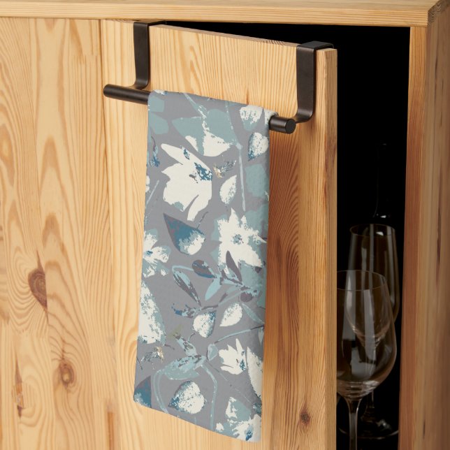 Clematis Vine Grått Blue Cream Watercolor Blommigt Kökshandduk (Thirds Fold)