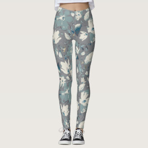 Clematis Vine Grått Blue Cream Watercolor Blommigt Leggings