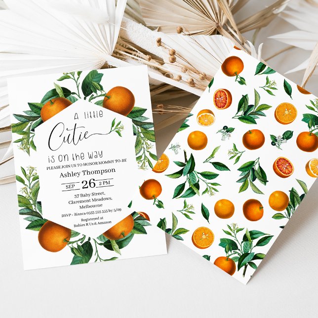 Clementine Orange Ram Little Cutie Baby Shower Inbjudningar (Little Cutie is on the Way Baby Shower Invitation Template, Clementine Oranges Baby Shower Invite, )