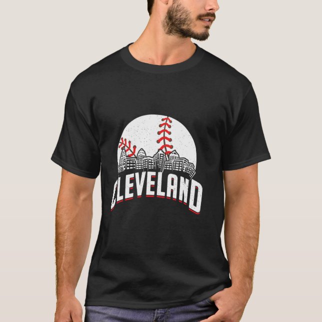 Cleveland Baseball Cityscape Skyline Fläkt T Shirt (Framsida)