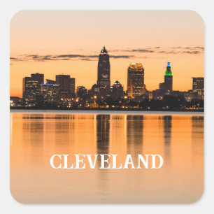 Cleveland city Ohio sunset skyline flodlandskap Fyrkantigt Klistermärke