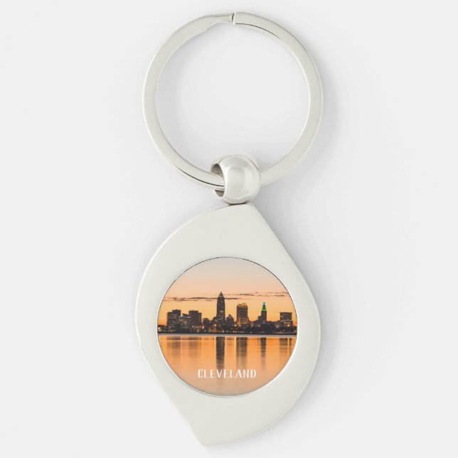 Cleveland city Ohio sunset skyline flodlandskap Swirl Silverfärgad Nyckelring (Framsidan)