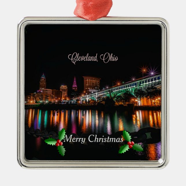 Cleveland, Ohio cityscape, God jul Metall O Julgransprydnad Metall (Framsidan)