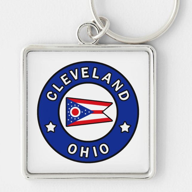 Cleveland Ohio Fyrkantig Silverfärgad Nyckelring (Framsidan)