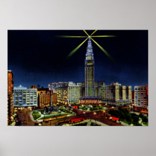 Cleveland Ohio horisont på natten Poster