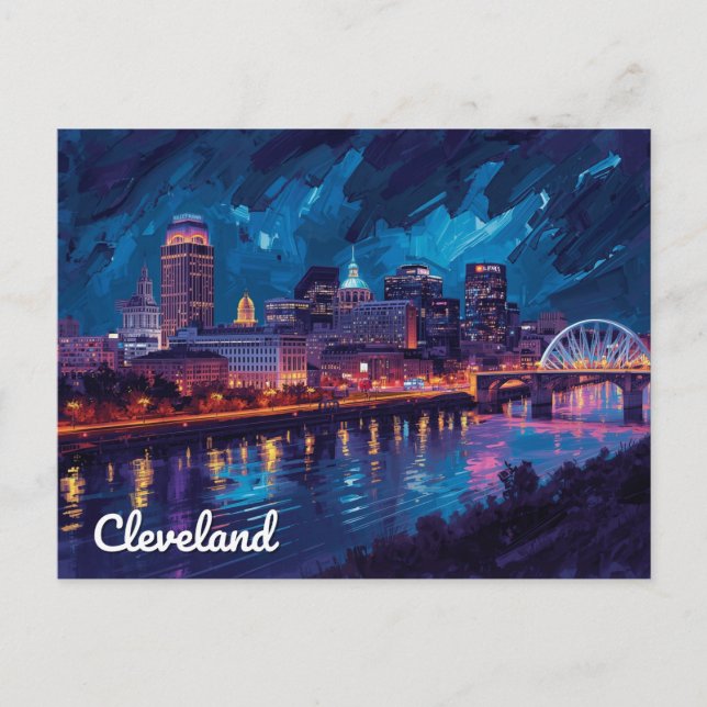 Cleveland Ohio Natt Flod Konst Vykort (Framsida)
