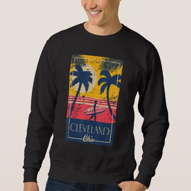 Cleveland Ohio Retro Palm Trees Surf Distressed De Lång Ärmad Tröja (Framsida)