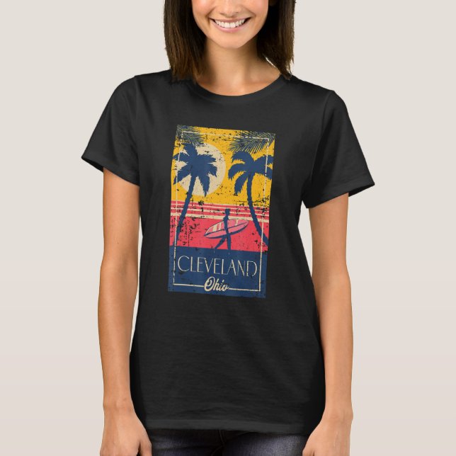 Cleveland Ohio Retro Palm Trees Surf Distressed De T Shirt (Framsida)