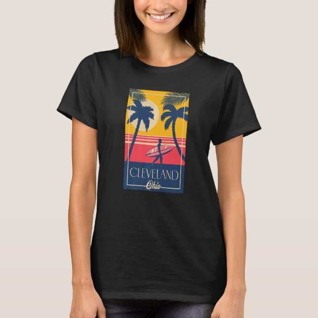 Cleveland Ohio Retro Palm Trees Surfer Beach T Shirt (Framsida)
