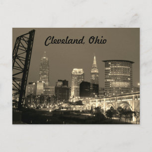 Cleveland Ohio Sepia Siluett Natt Vykort