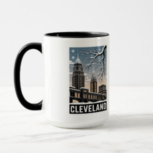 Cleveland Ohio Siluett Vinter Träsnitt Svart&Vit Mugg