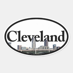 Cleveland, Ohio Skyline med Cleveland i Himlar Ovalt Klistermärke