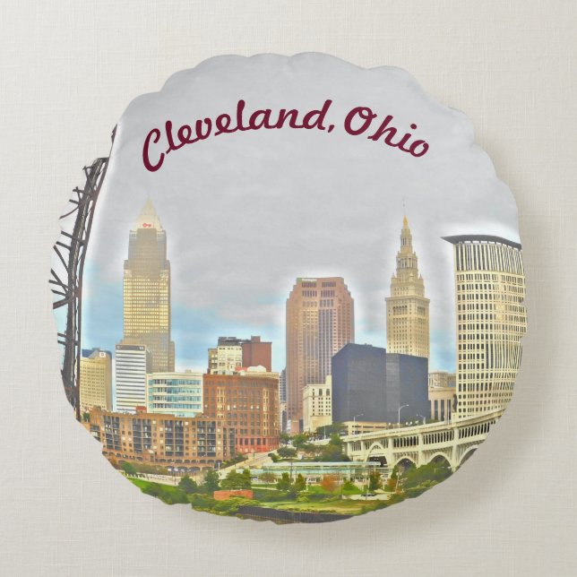 Cleveland, Ohio Skyline Round Pillow Rund Kudde (Framsidan)