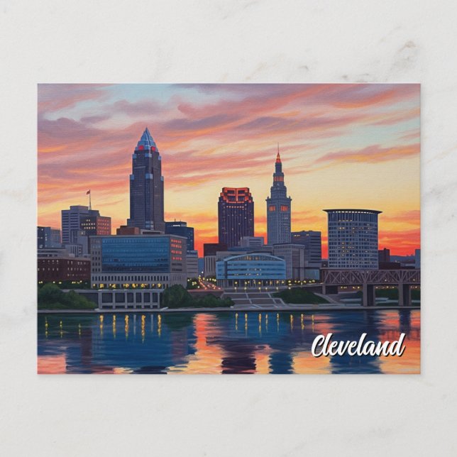 Cleveland Ohio Skyline Sunset Vykort (Framsida)