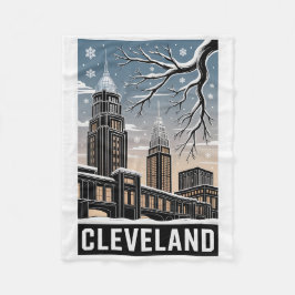 Cleveland Ohio Skyline Winter Woodcut Black&White Fleecefilt