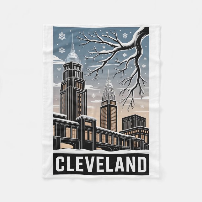 Cleveland Ohio Skyline Winter Woodcut Black&White Fleecefilt (Framsidan)