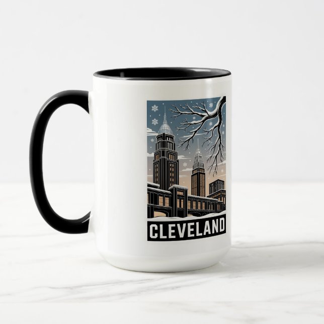 Cleveland Ohio Skyline Winter Woodcut Black&White Mugg (Vänster)