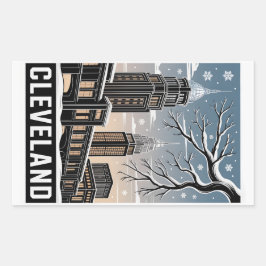 Cleveland Ohio Skyline Winter Woodcut Black&White Rektangulärt Klistermärke