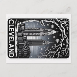 Cleveland Ohio Skyline Winter Woodcut Black&White Vykort