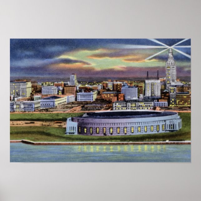 Cleveland Ohio Stadium och Skyline på natten Poster (Framsidan)