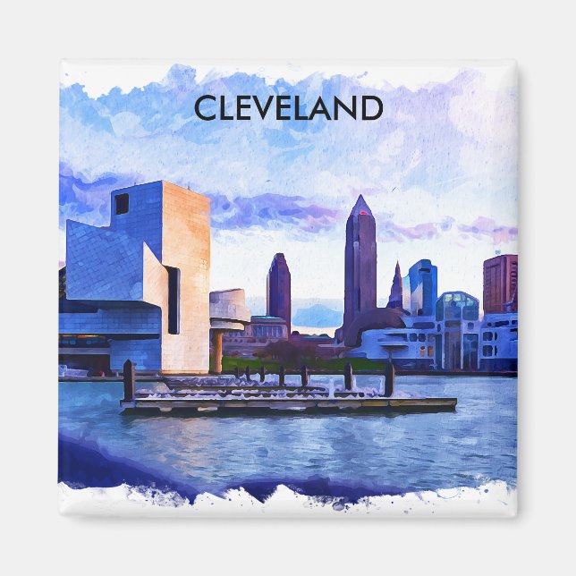 Cleveland Ohio Watercolor Cityscape View Magnet (Framsidan)
