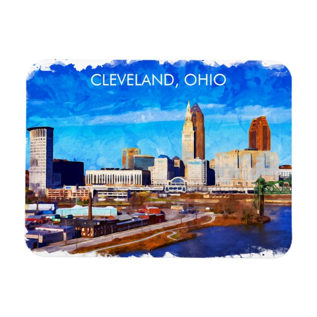 Cleveland Ohio Watercolor Skyline Magnet (Horisontell)