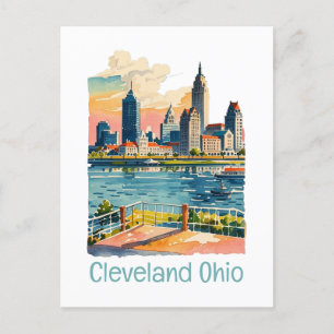 Cleveland Ohio Watercolor Skyline Vykort