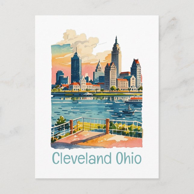 Cleveland Ohio Watercolor Skyline Vykort (Framsida)