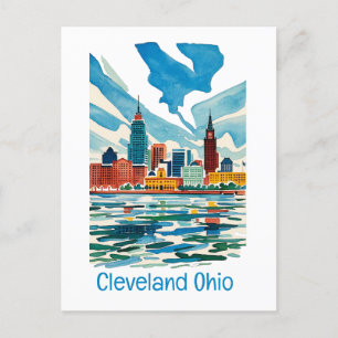 Cleveland Ohio Watercolor Skyline Vykort