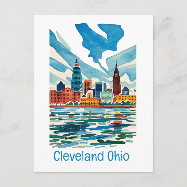 Cleveland Ohio Watercolor Skyline Vykort (Framsida)
