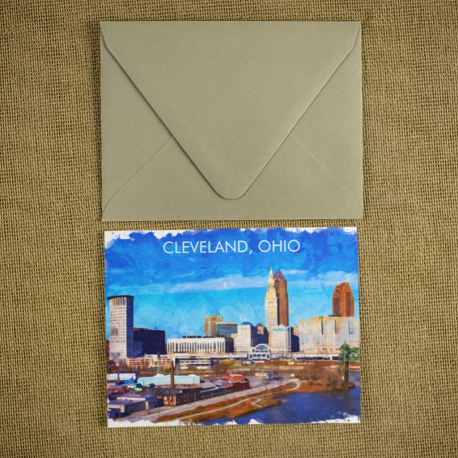 Cleveland Ohio Watercolor Skyline Vykort (cleveland ohio postcard)