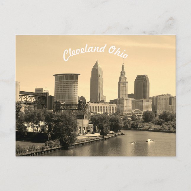 Cleveland Sepia River Skyline Vykort (Framsida)